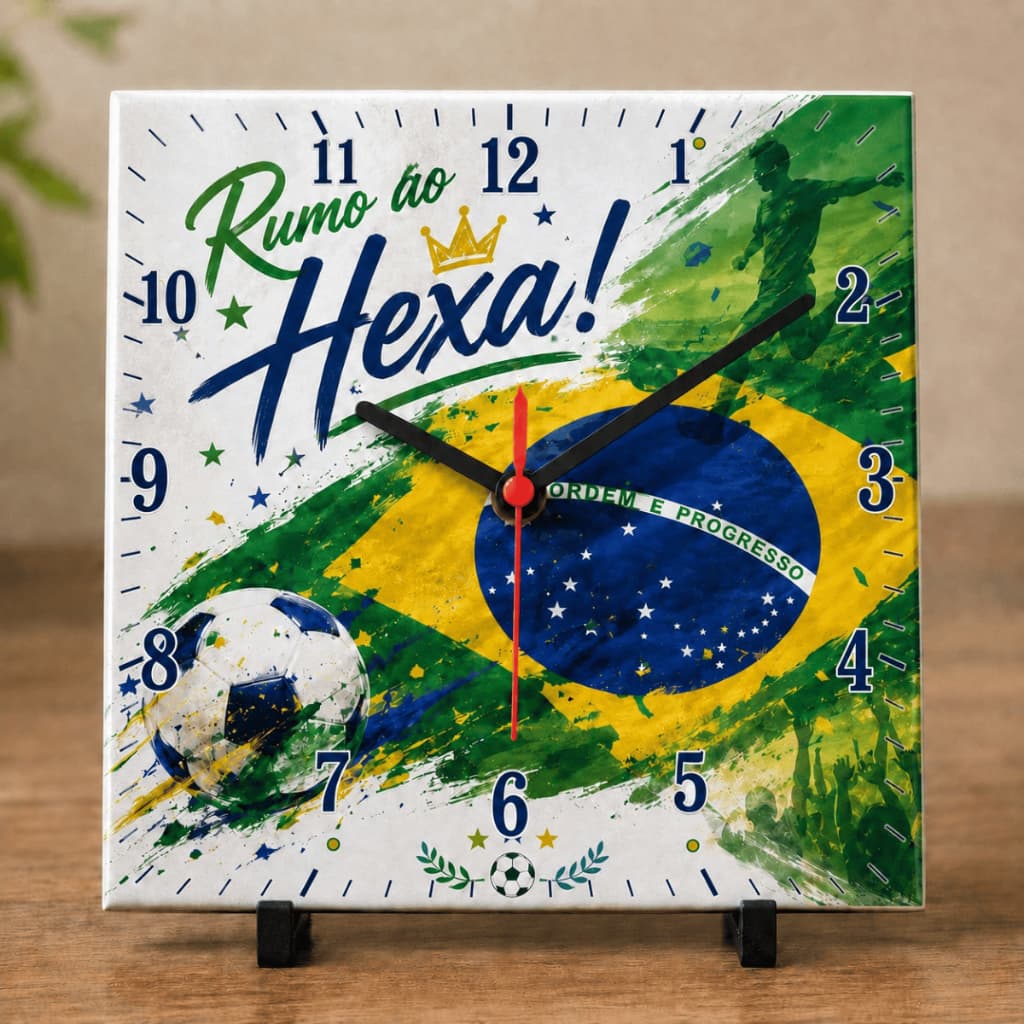 Azulejo Relógio 20x20cm de Mesa - Personalizado Temas Copa do Mundo - Brasil Rumo ao Hexa Decorativo