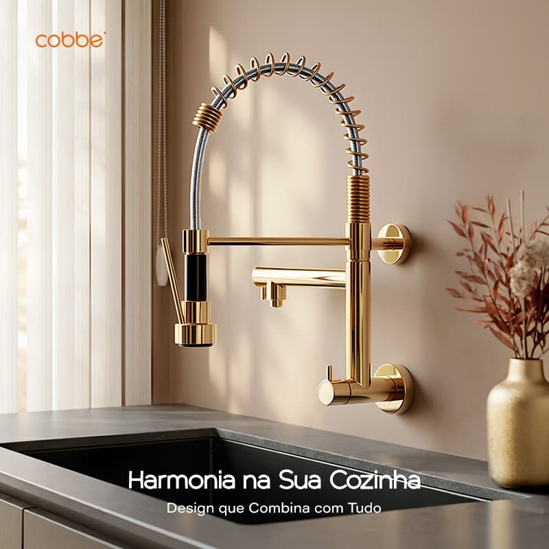 Torneira Gourmet Cozinha de Parede Dourada 2 em 1 Água Fria com Ducha Flexível Mola Aço Inox 304 Heemli