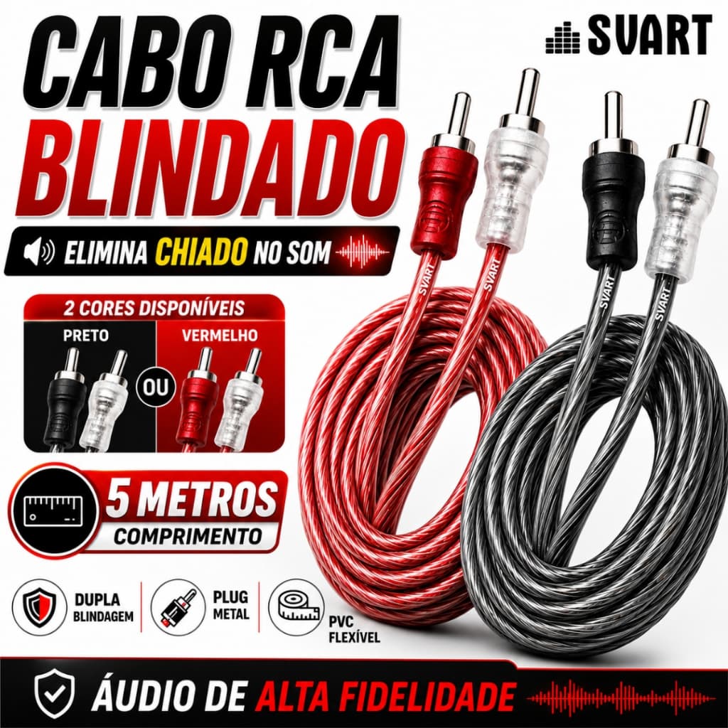 Cabo RCA Blindado 5 Metros Fio Som Automotivo Audio Stereo Injetado 4mm Dupla Blindagem Niquel PVC