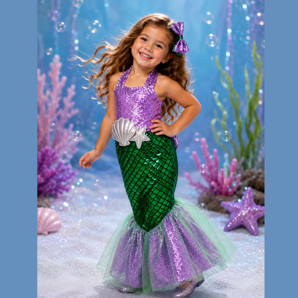 Fantasia Infantil Sereia Luxo Ariel Com Laço Vestido  Brilhante confortavel completa