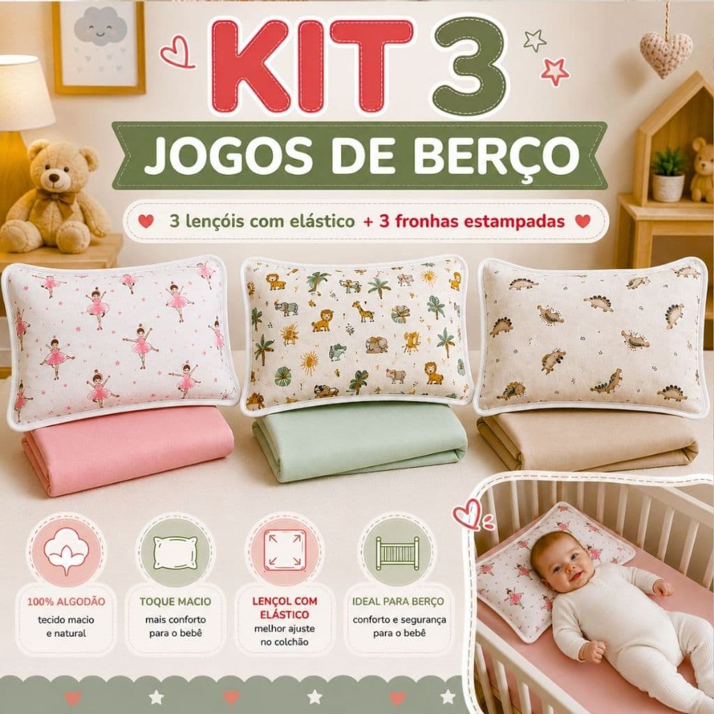 Kit 3 Jogo Lençol Para Berço 100% Algodão Menino E Menina 3 Lençol Liso Elástico+3 Fronha Estampada