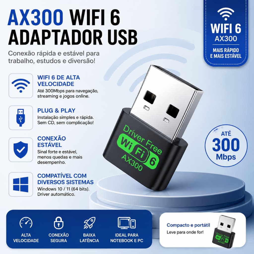 Adaptador USB Wi-Fi 6 AX300 Wireless Alta Velocidade Plug & Play para PC e Notebook