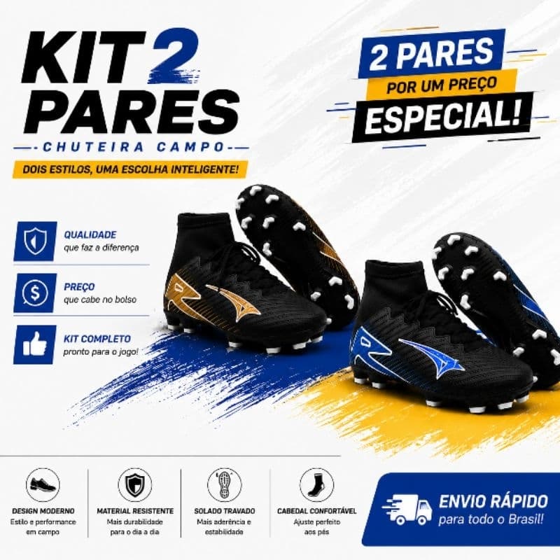 Kit 2 Pares Chuteira Campo Adulto Cano Alto Trava Fixa Futebol Confortável Resistente Promoção