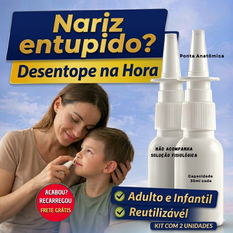 Spray Nasal Reutilizável Limpeza Descongestão Nariz Entupido Adulto Infantil 2 Válvulas + Frascos