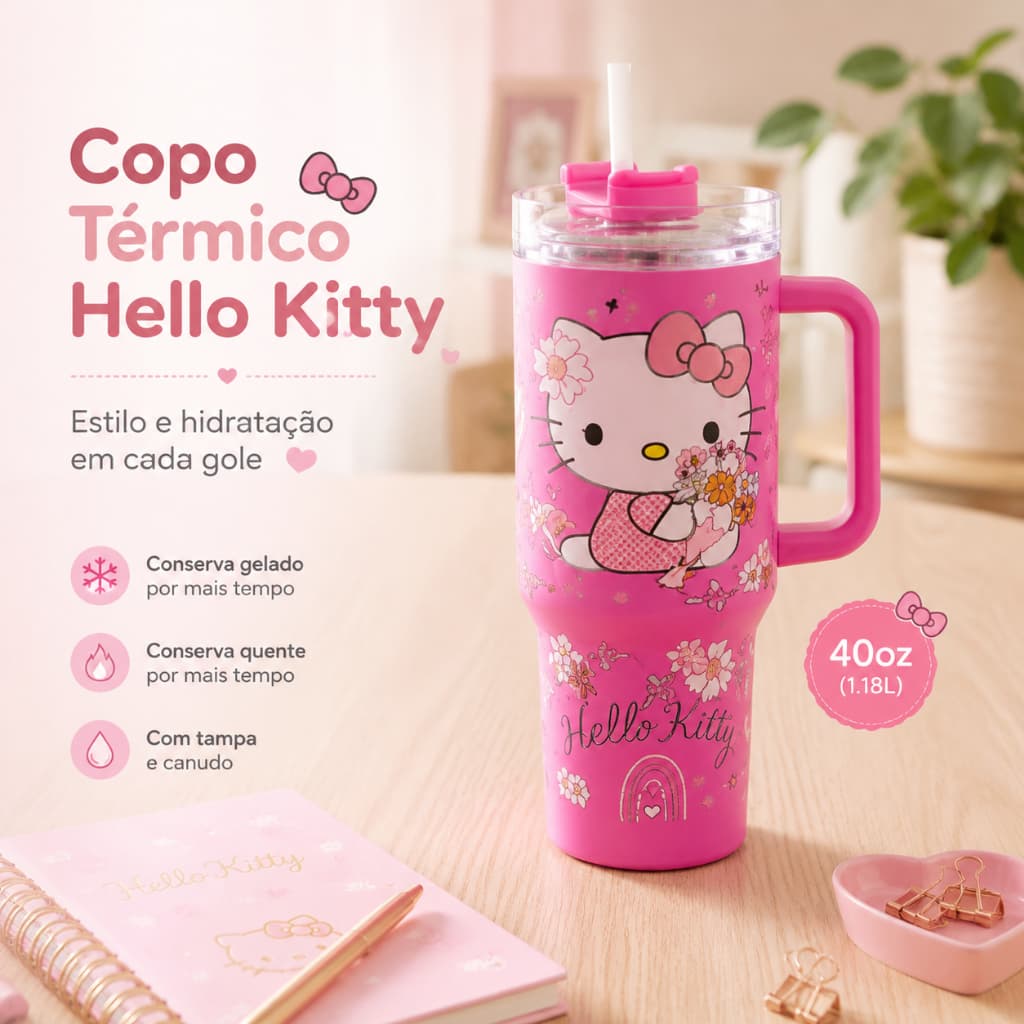 Copo Térmico Kitty 1200ml 40oz com Canudo e Alça Garrafa Térmica Feminina Aço Inox