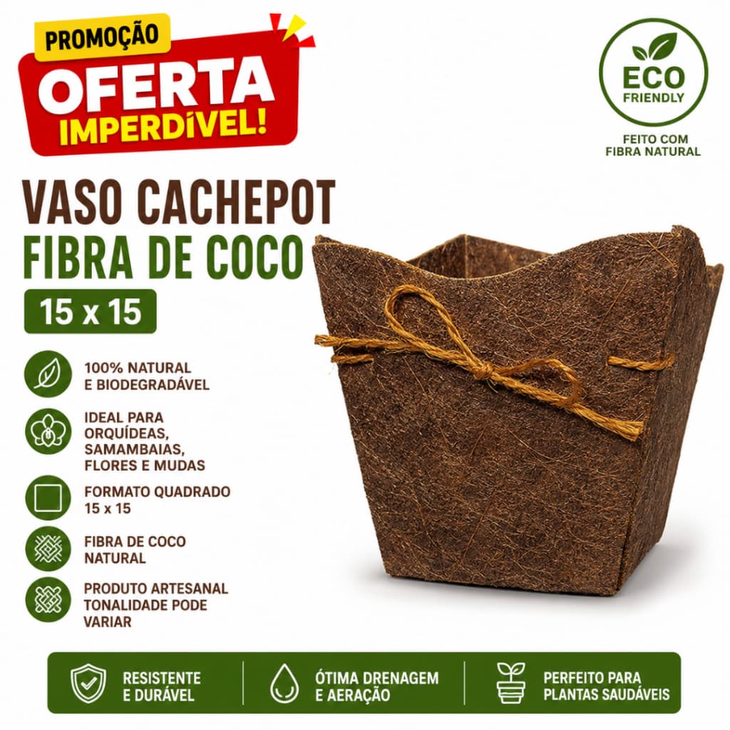 Cachepot Fibra de Coco 15x15 Coquim Vaso Quadrado Plantas Orquídeas Samambaias Jardim Decoração