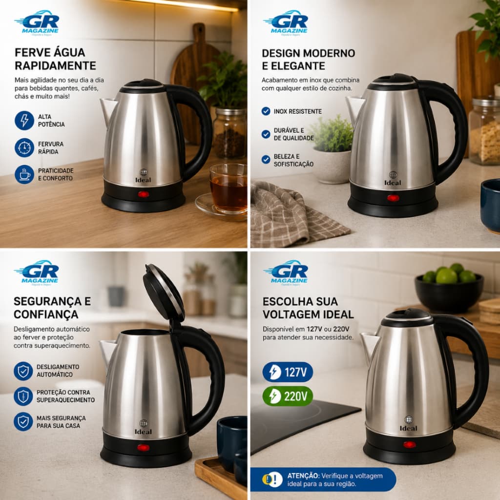Chaleira Elétrica Capacidade Grande Alta potencia Rapido aquecimento  Café Cha 1.8 L 1000W 127V ou 220V Inox