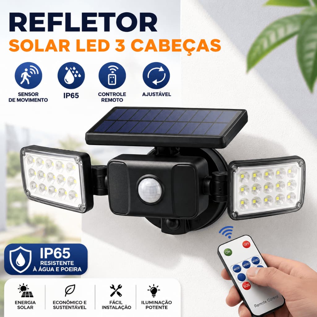 Refletor Solar Led 3 Cabeças Ajustável Sensor de Movimento IP65