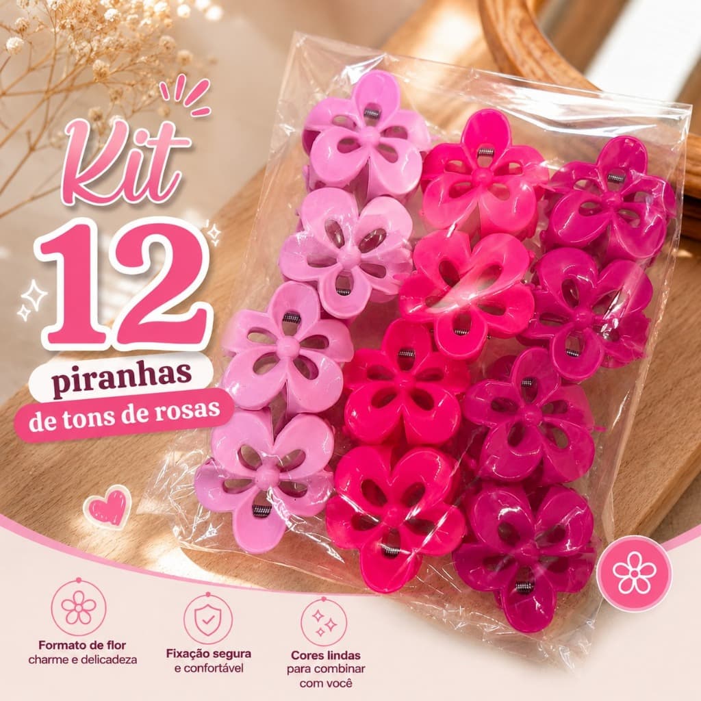 Kit 12 Piranhas Flor Tons Rosas Presilha De Cabelo Grande Presilhas Lembrancinha Outubro Rosa Tiktok