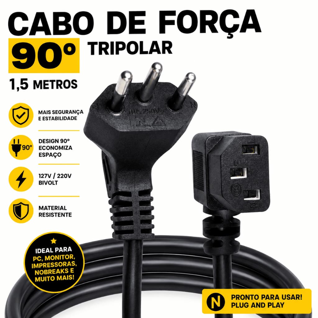 Cabo De Força Tripolar 90º Graus 1.5mts Pc Fontes Monitores
