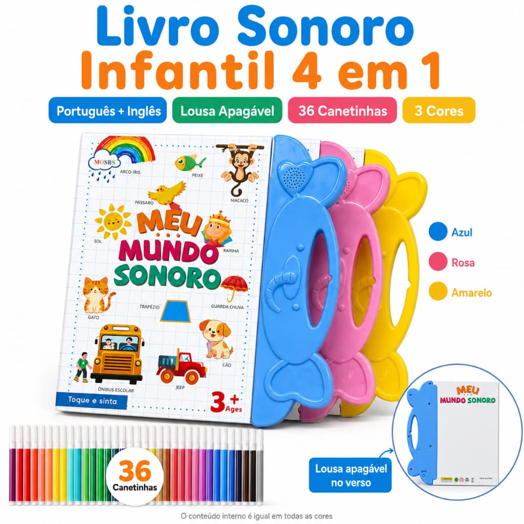 Livro Infantil Sonoro Interativo Com Lousa Apagável e Canetinhas Português Inglês 3 Anos