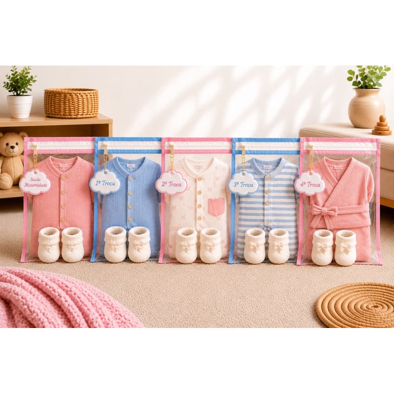 KIT 5 SAQUINHOS ORGANIZADORES COM TAG MATERNIDADE PREMIUM Organização, proteção e praticidade para a mala do bebê