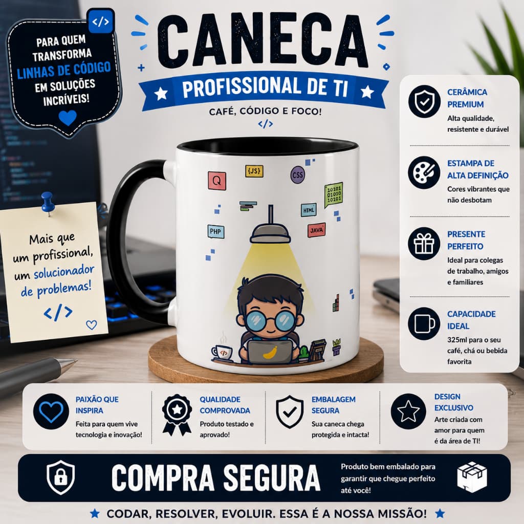 Caneca TI Programador Desenvolvedor Software Sistemas Tecnologia Geek Presente  Computação 325ml