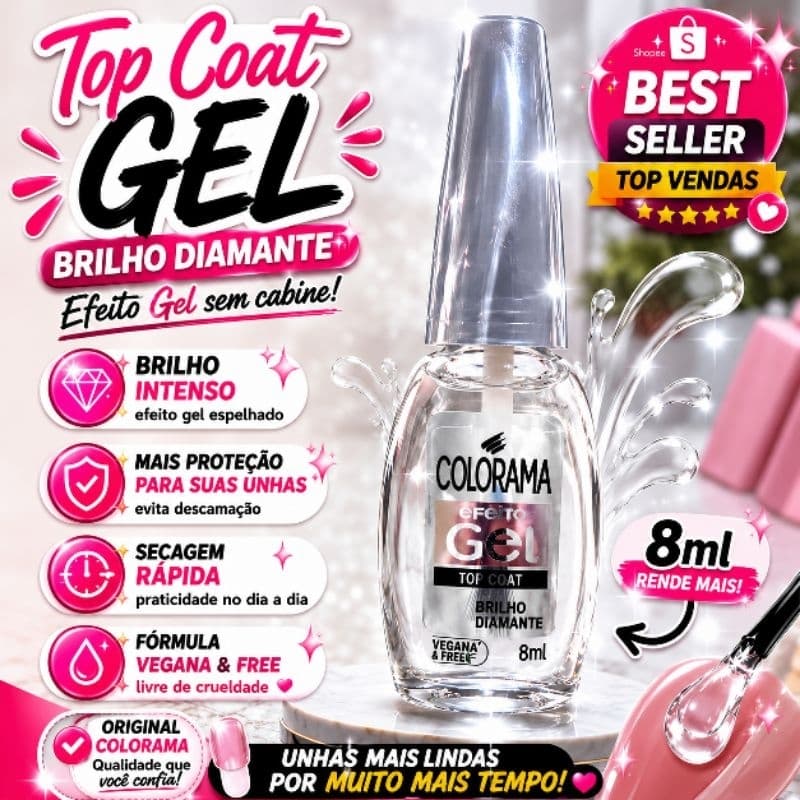 Top Coat Colorama Efeito Gel Brilho Diamante 8ml Extra Brilho Secagem Rápida Longa Duração Original