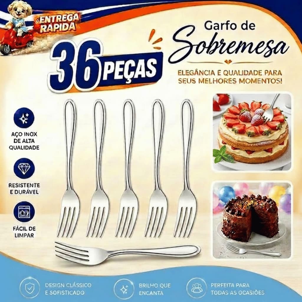 Conjunto 36 Garfo Sobremesa Inox Aço Inoxidável Premium Casa Mesa Posta Buffet Restaurante Cafeteria