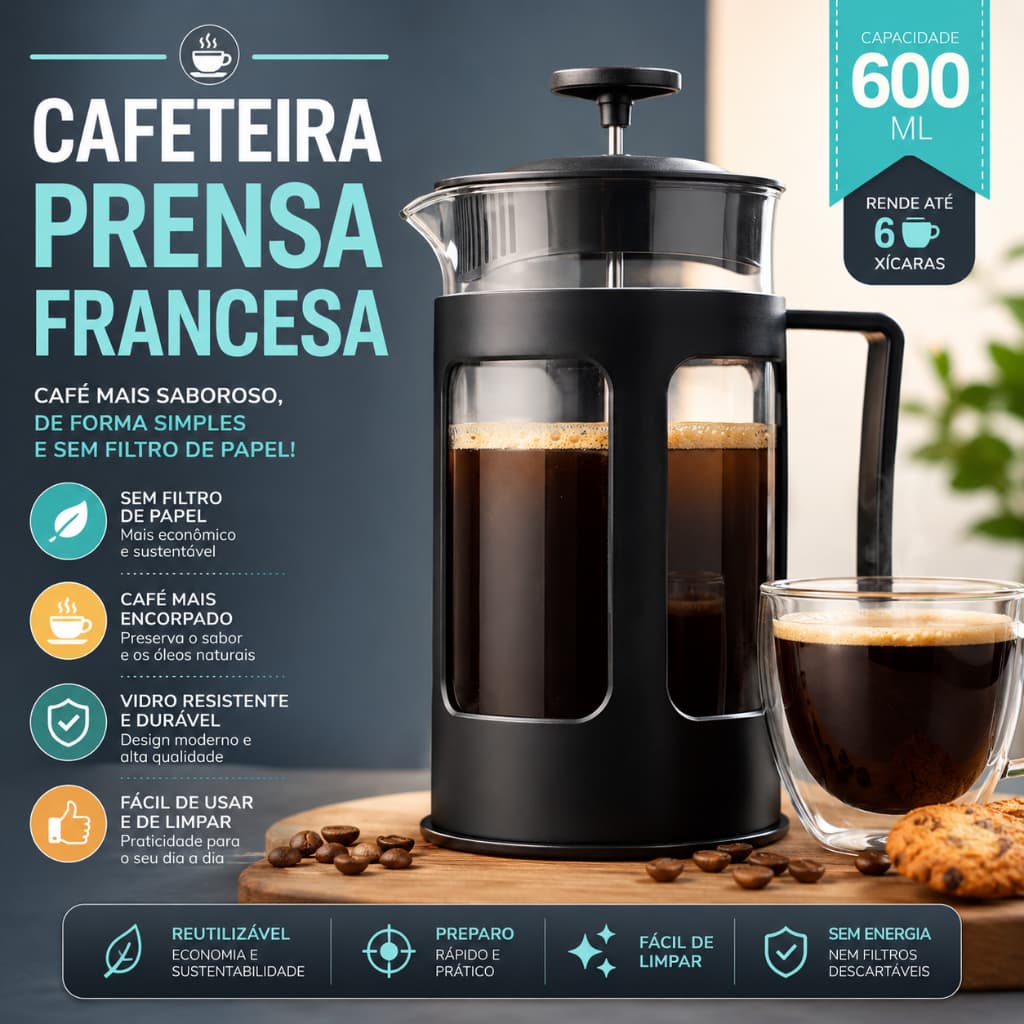 Cafeteira Prensa Francesa 600ml Premium Filtro Inox Reutilizável Café Chá Espumador de Leite - CH