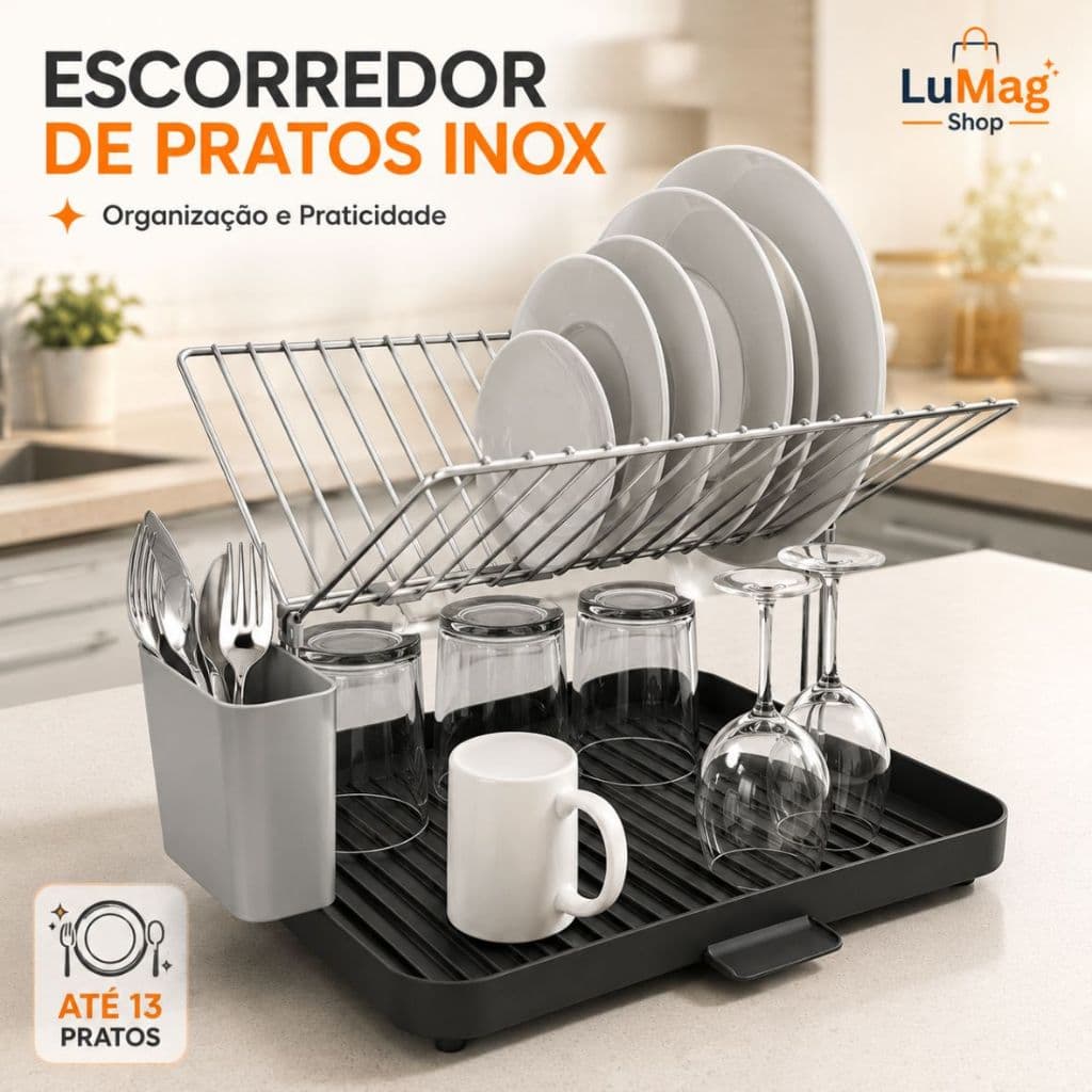 Escorredor de Pratos Inox com Porta Talheres Bandeja Coletora 13 Pratos Compacto