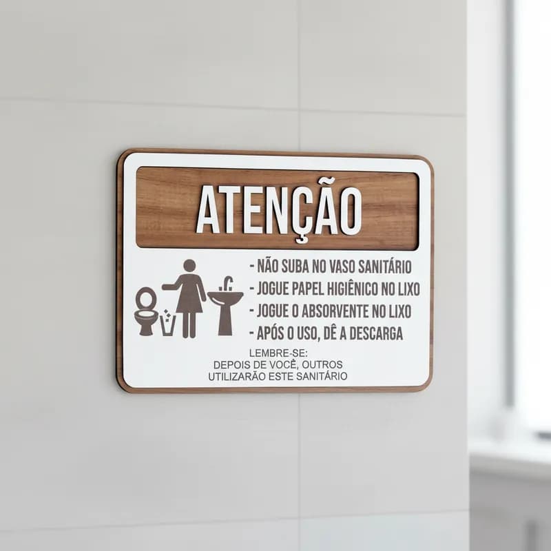 Placa de Sinalização Atenção Banheiro MDF Alto Relevo 30x13cm Para Porta