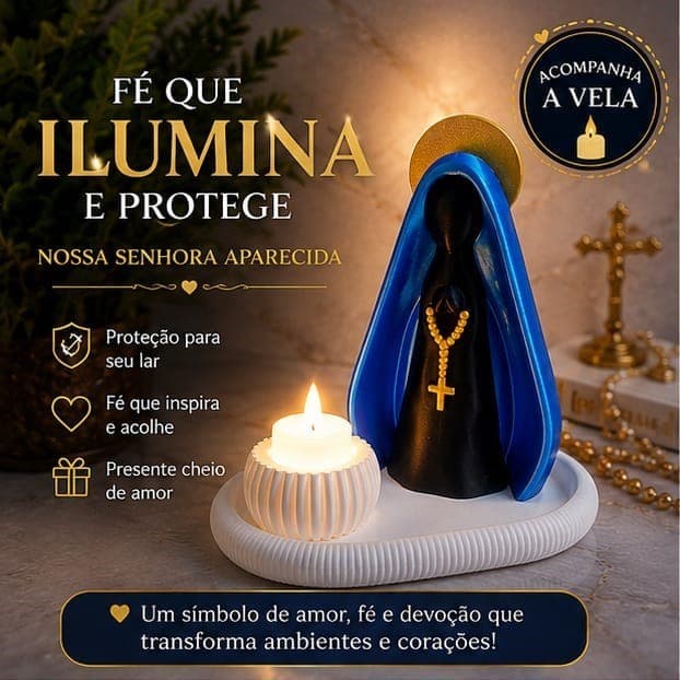 Nossa Senhora Aparecida Decorativa com Vela LED – Kit Completo para Cantinho de Oração | Decoração Religiosa | Presentee