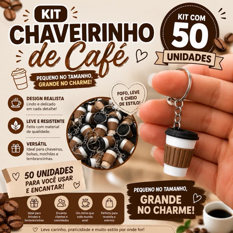 Kit 50 Chaveirinho Copo de Café – 50 Unidades | Ideal para Lembrancinhas e Revenda