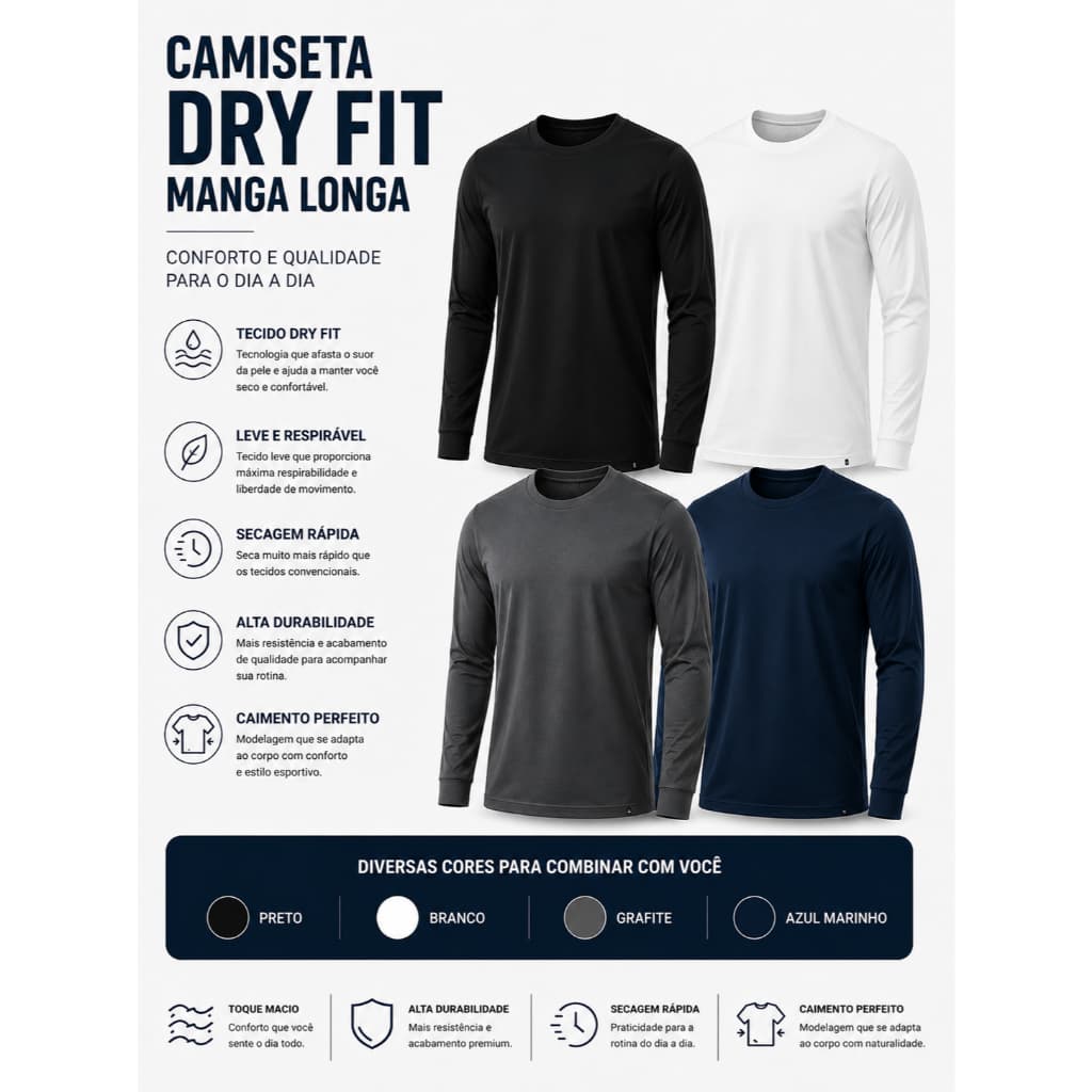 Camisa Masculina Fitness Manga Longa Dry Fit Elastano Academia Premium - Envio IMediato