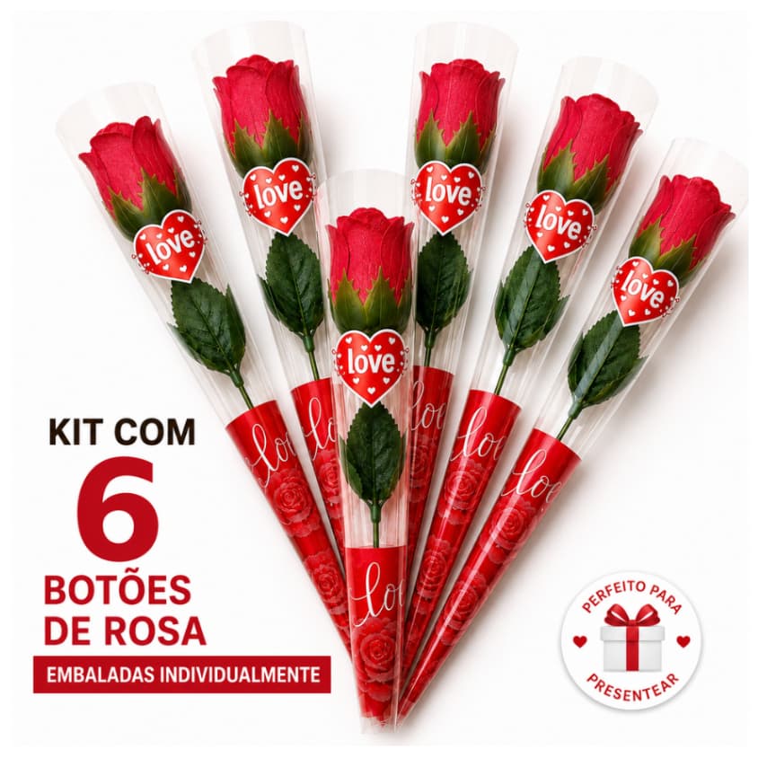 Kit 6 Botões  de Rosa Artificial Embalados Individualmente Presente  Dia dos Namorados Dia das Mães