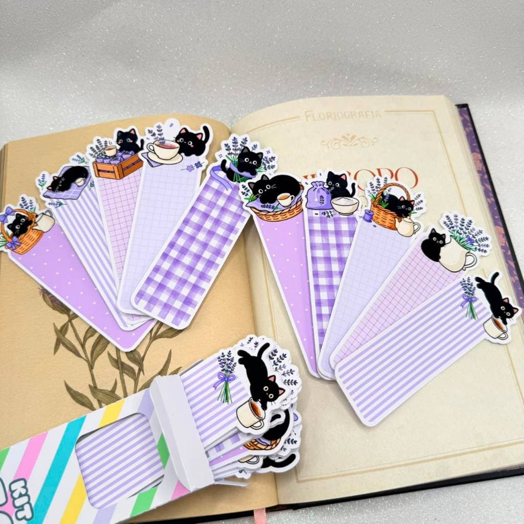 Kit 50 Marca Páginas Gatilho Preto Chá de Lavanda Kawaii 10 Modelos Diferentes