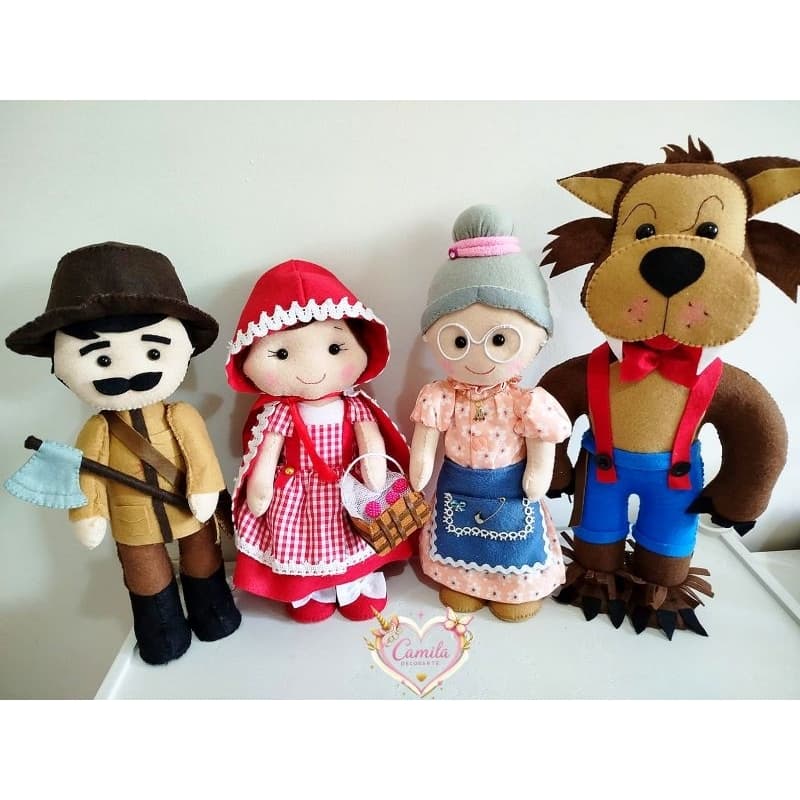 Chapeuzinho Vermelho, Lobo Mau, Caçador e Vovozinha em feltro para decoração de festa/mesa do bolo/aniversário infantil