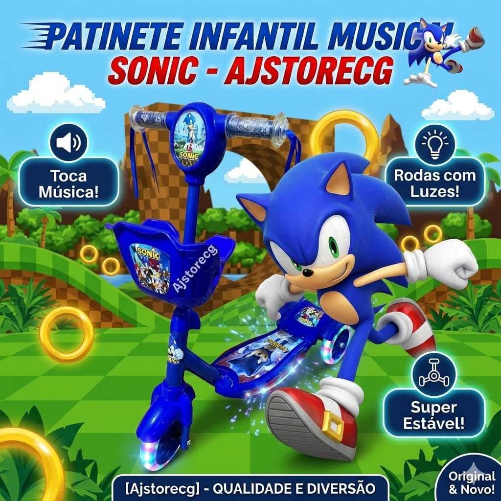 Patinete Infantil SONIC  Ajustável 3 Rodas Com Cesta Música Luzes + Surpresa Pronta Entrega no Brasil