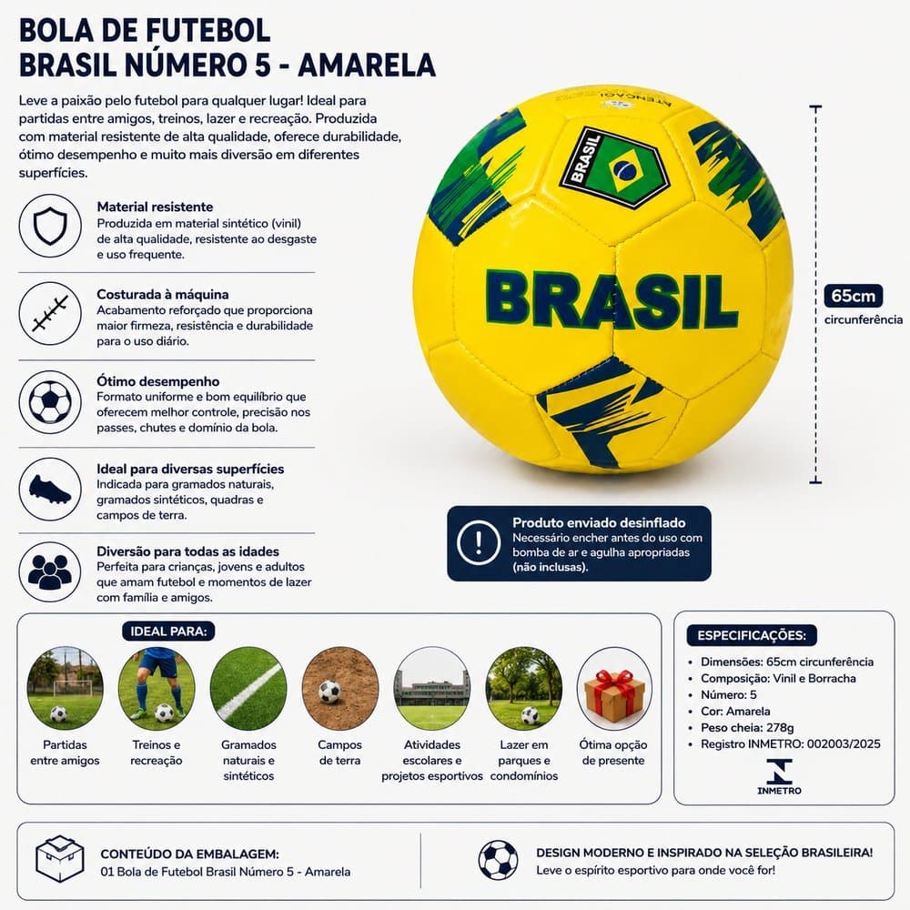 Bola Futebol Nº 5 Brasil Amarela Campo Oficial Costurada Vinil Borracha Treino Jogo Recreação