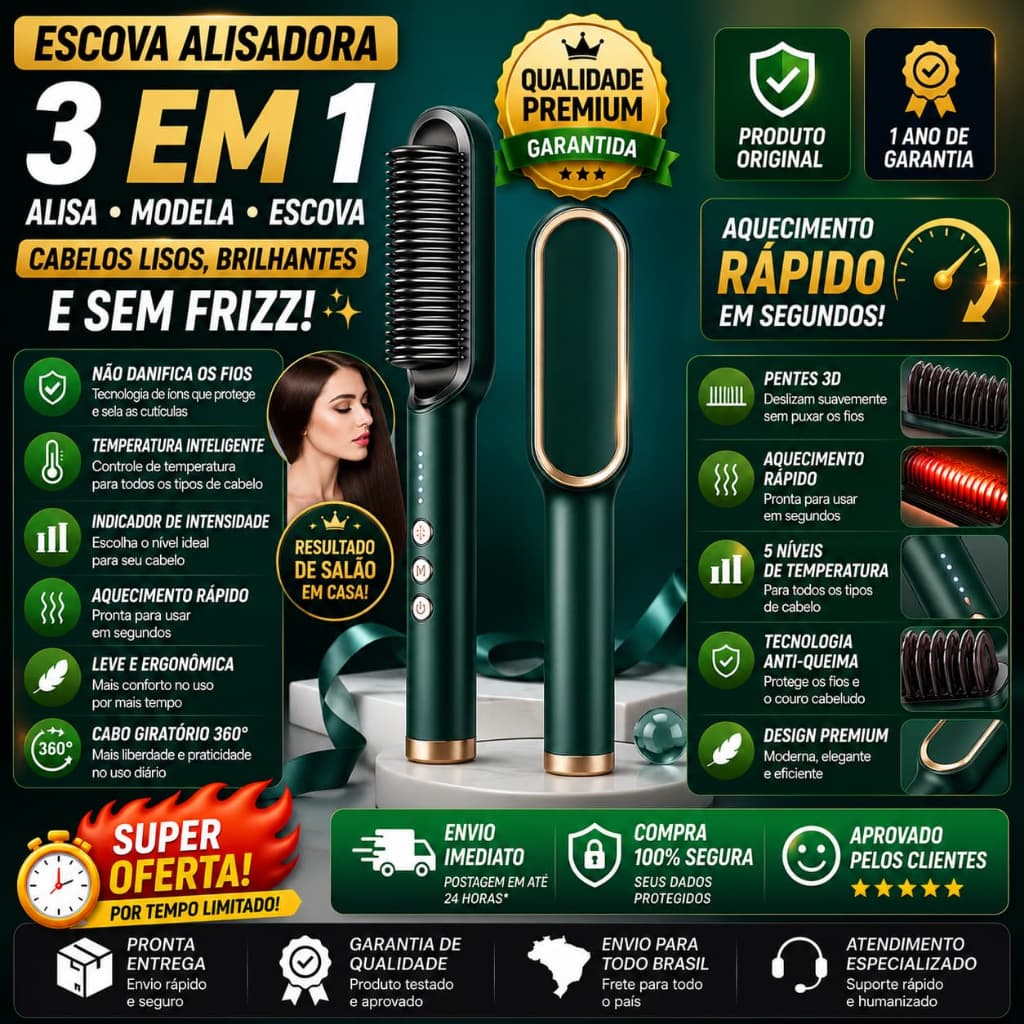 Escova Alisadora De Cabelo Elétrica Bivolt, Alisa, Hidrata, Modela, Alinha e Anti Frizz VERDE
