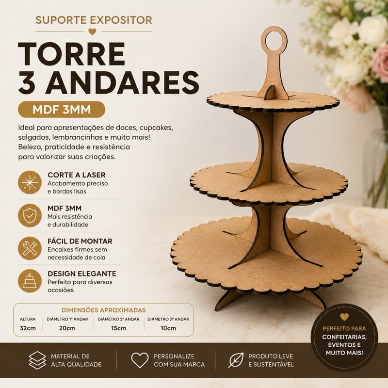 Suporte Expositor 3 Andares para Doces, Cupcakes e Mini Bolos em MDF