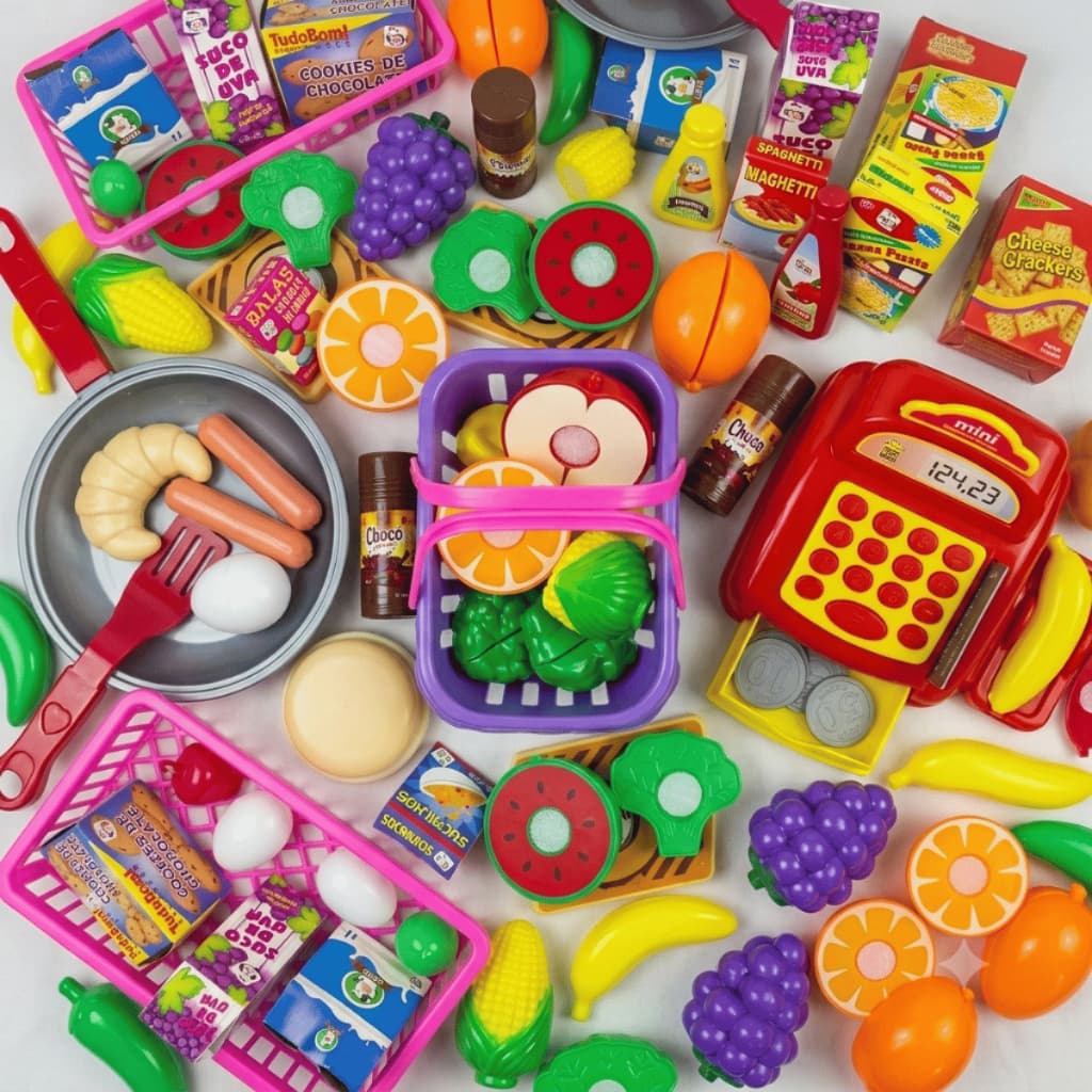 Kit Mercadinho Caixa Registradora Frutas Legumes Crec Crec Produtinhos 50 Peças Menina Brinquedos