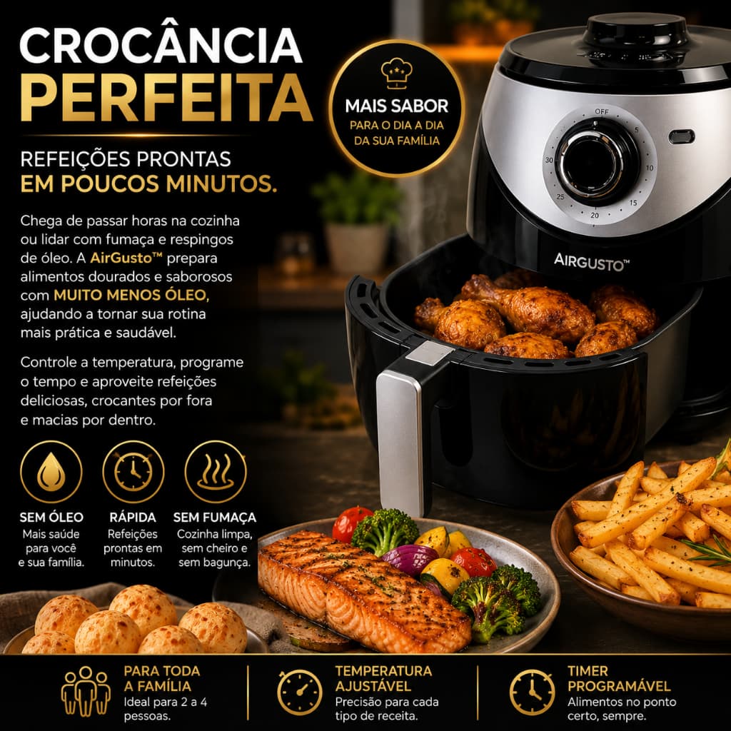 Air Fryer Elétrica 3,8L Preta 220V Sem Óleo Fritadeira Elétrica Timer Ajustável