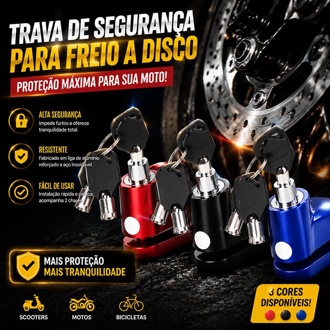 Trava Cadeado Para Disco de Freio Anti Furto Para Moto, Bicicleta e Moto Elétrica Universal 2 Chaves