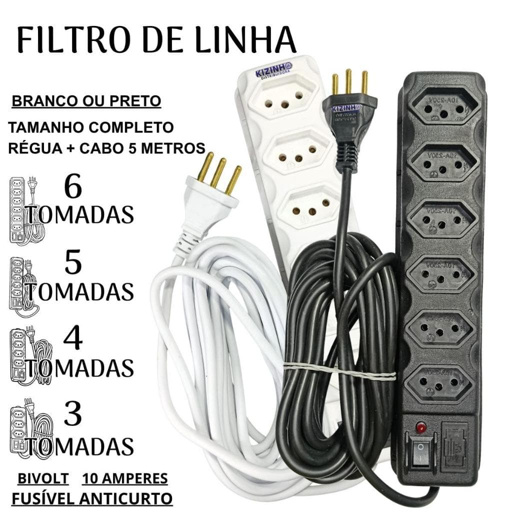 Filtro de Linha Régua Eletrica 3/4/5 ou 6 Tomadas Compromento Total de 5 Metros 10A Fusível3A Bivolt
