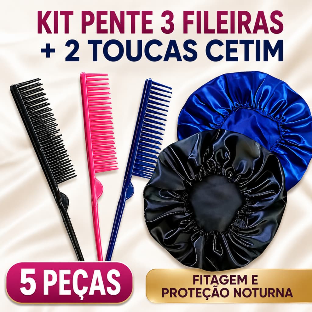 Kit Pente 3 Fileiras Fitagem + 2 Toucas de Cetim Simples