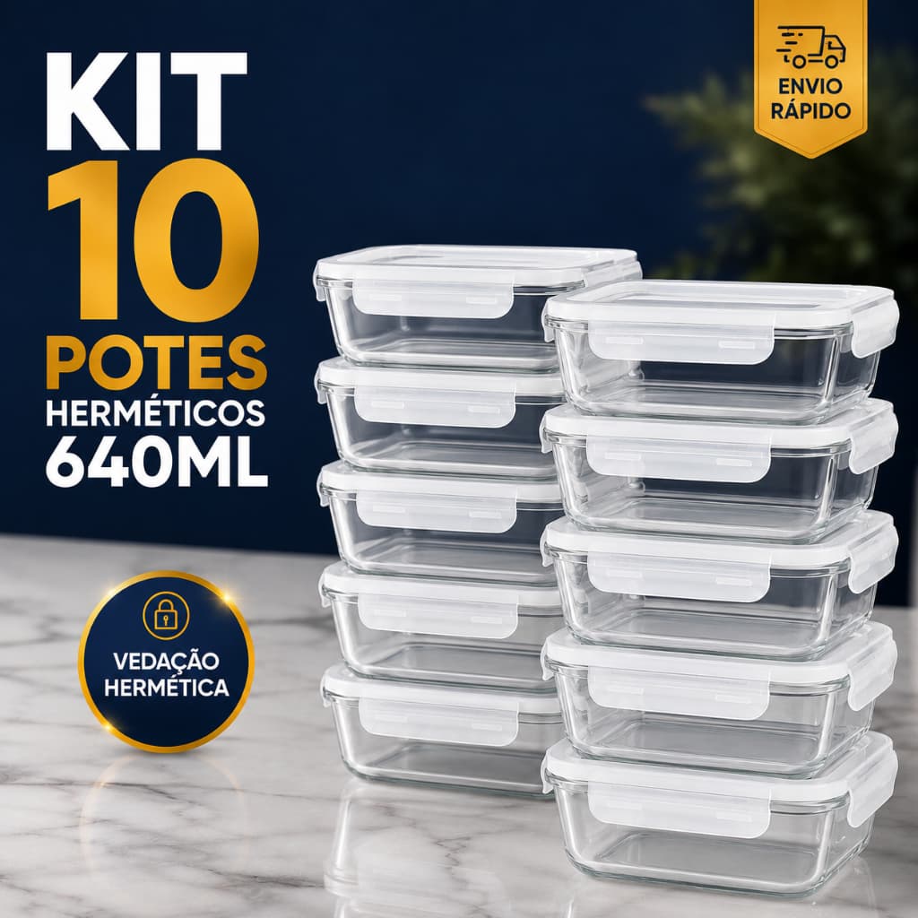Kit Conjunto 10 Potes de Vidro Hermético 640ml Marmitinha Fit Tampa com 4 Travas AntiVazamento