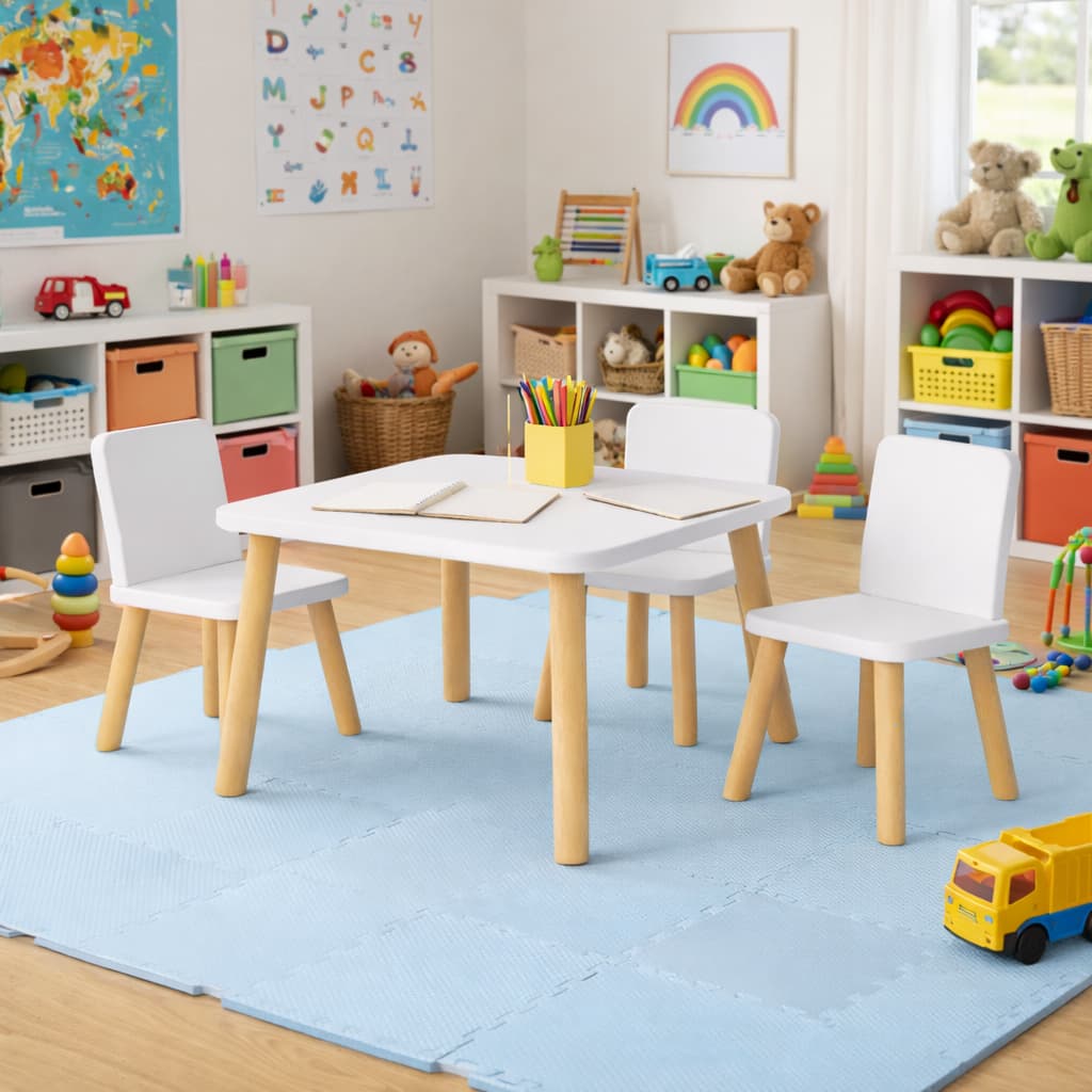 Mesa Montessori Infantil Branca MDF Com 3 Cadeiras Pés de Pinus Educativa Criança Quarto Infantil