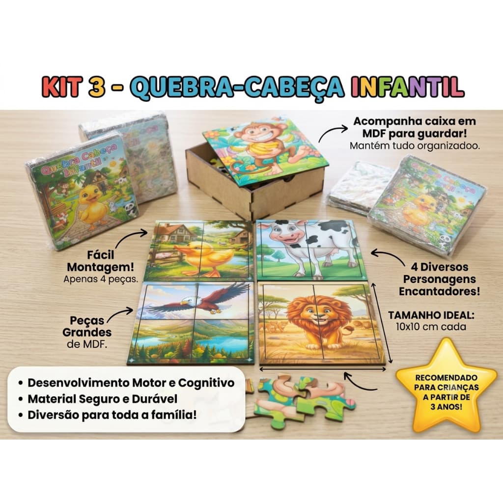 Kit 3 Quebra-Cabeça Infantil Em MDF 4 Unidades 4 Peças Cada Com Caixa Brinquedo Educativo Didático Menino Menina +3 Anos