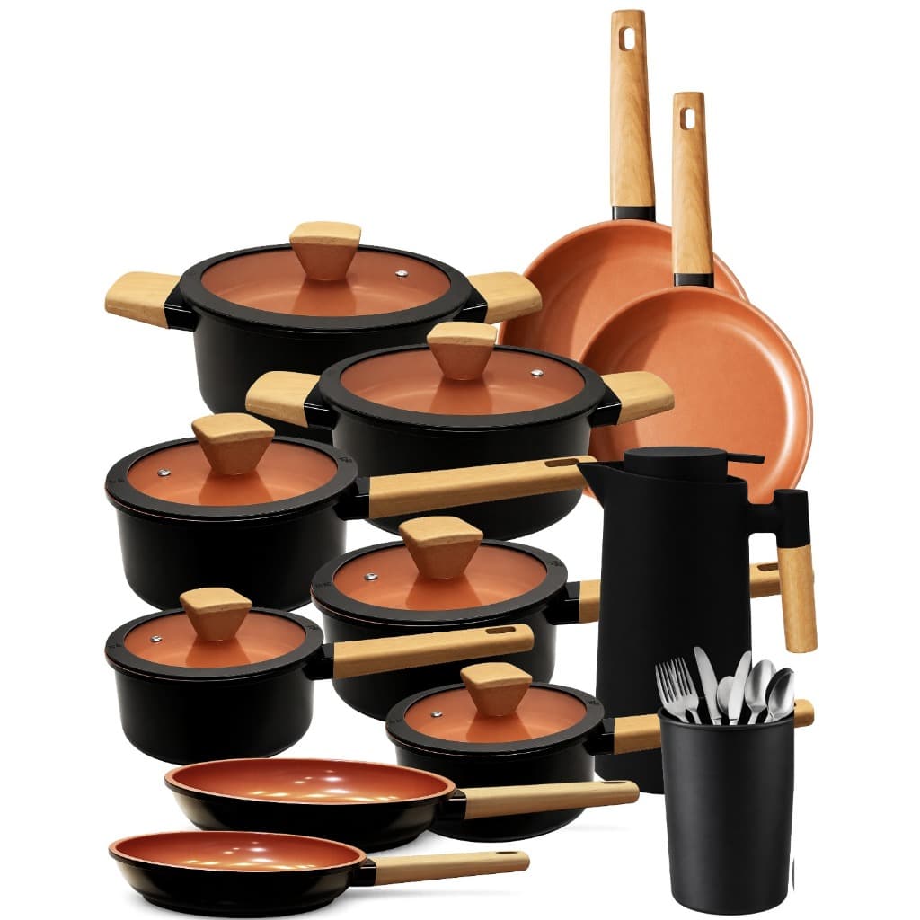 Hiper Jogo de Panelas Indução Cerâmica 28p c/ Garrafa 1L + Frigideiras + Talheres Inox + Escorredor