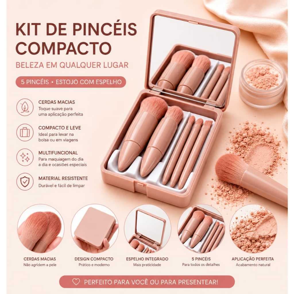 Kit De Maquiagem Completo 5 Peças Com Espelho Portátil Rose