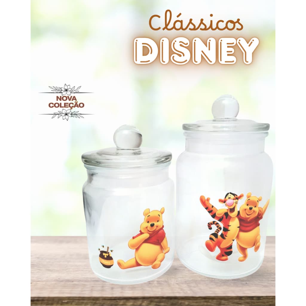 Jogo De Potes Porta Mantimentos Grande Vidro Disney Ursinho Pooh 1 Litro E 700ml Tampas Herméticas Luxo