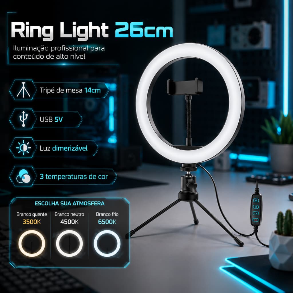 Ring Light 10" 26cm LED com Tripé de Mesa Suporte para Celular USB Maquiagem Fotos Vídeos