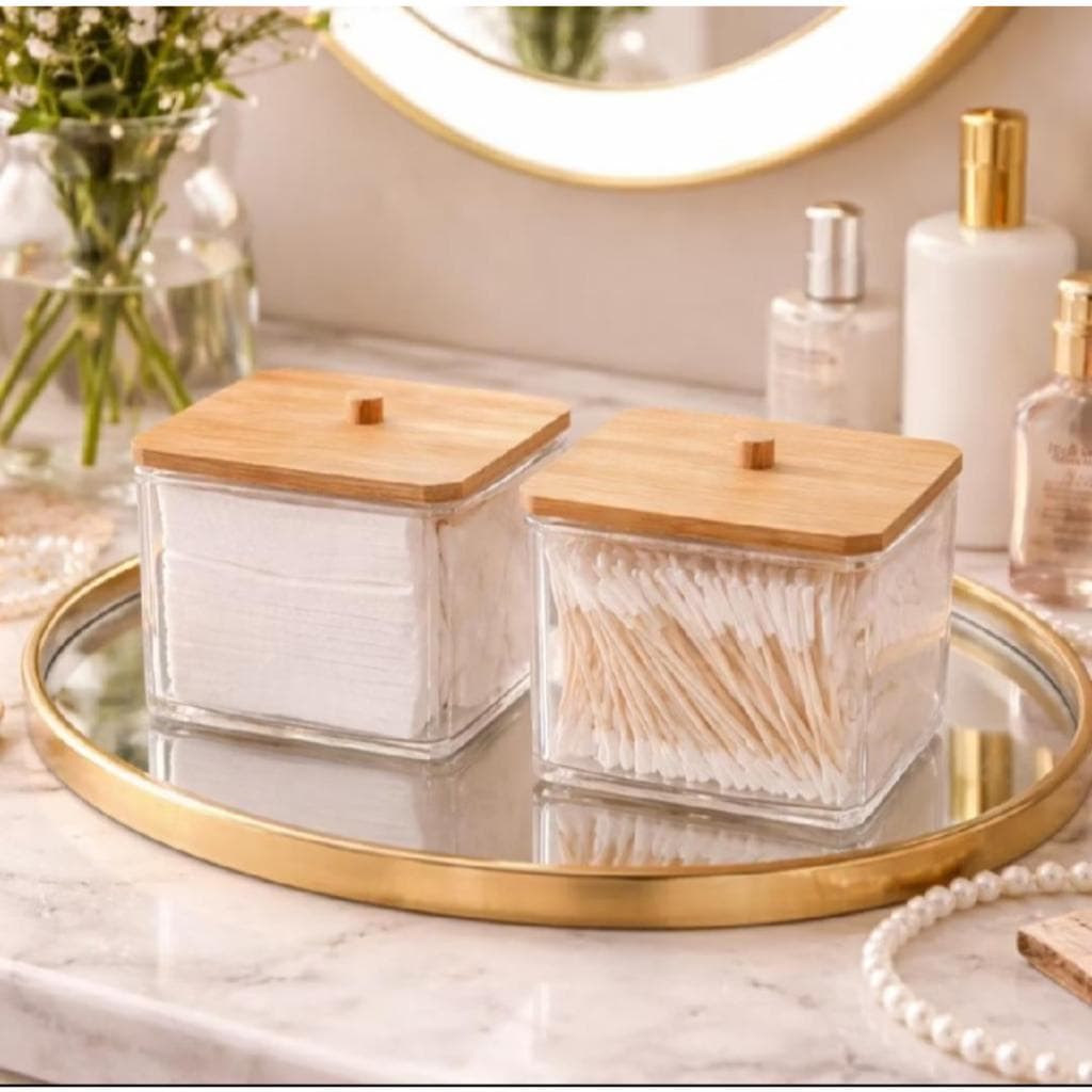 Organizador Plástico C/ Tampa De Bambu Porta Algodão E Cotonete Multiuso - Organizador Luxo/Premium