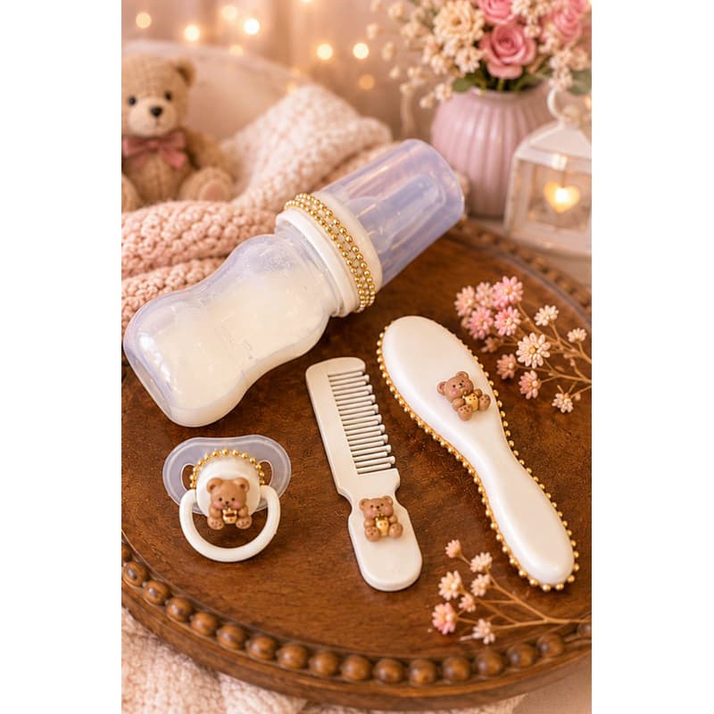 kit luxo para bebe reborn - mamadeira + chupeta + escova + pente