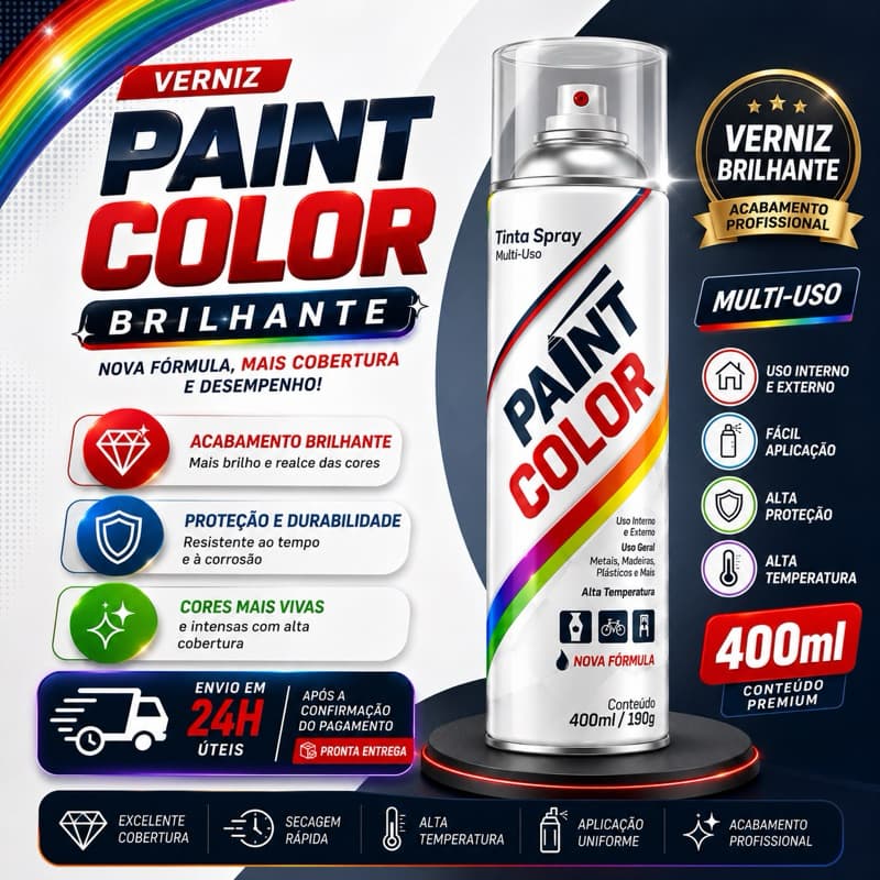 Verniz Spray Brilhante Paint Color 400ml Multiuso Alto Brilho Secagem Rápida Uso Interno e Externo