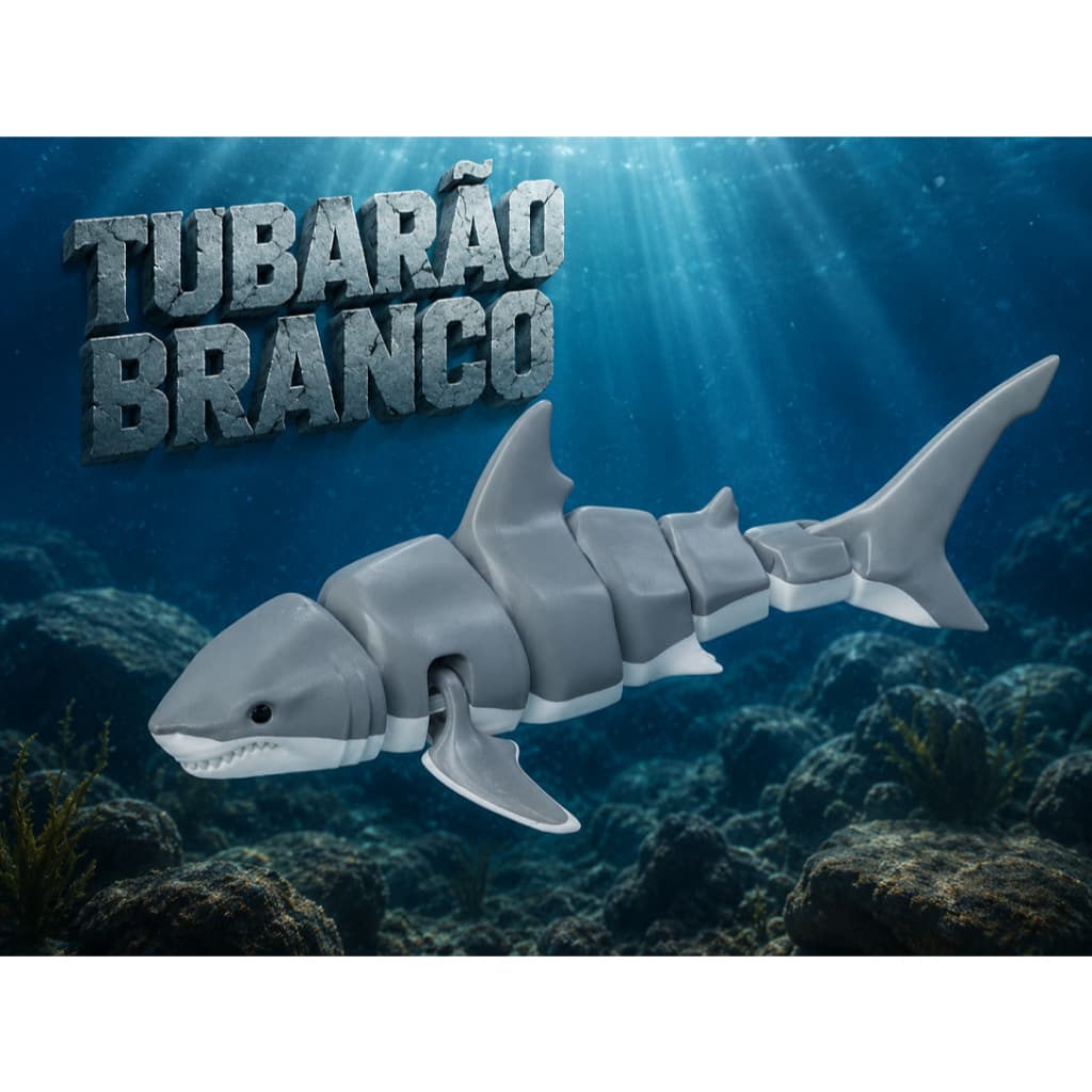 Tubarão Branco 3D Articulado 20cm Animal Marinho Oceano Brinquedo Sensorial Fidget Toy Colecionável
