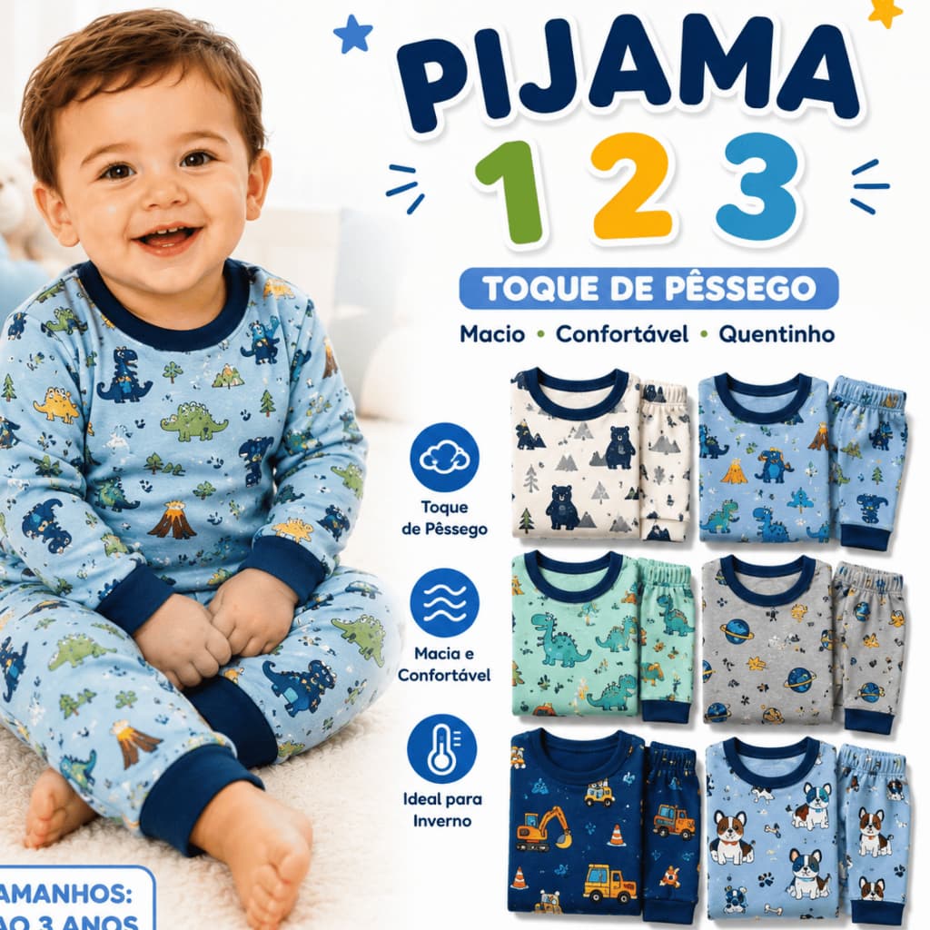 Kit 4 Peças Pijama Infantil Bebê Menino Toque de Pêssego Manga Comprida Quentinho Conjunto Térmico Inverno 1 ao 3