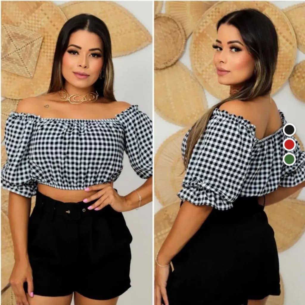 Blusa Ciganinha Cropped Xadrez Ombro a Ombro Manga Blusinha Ciganinha